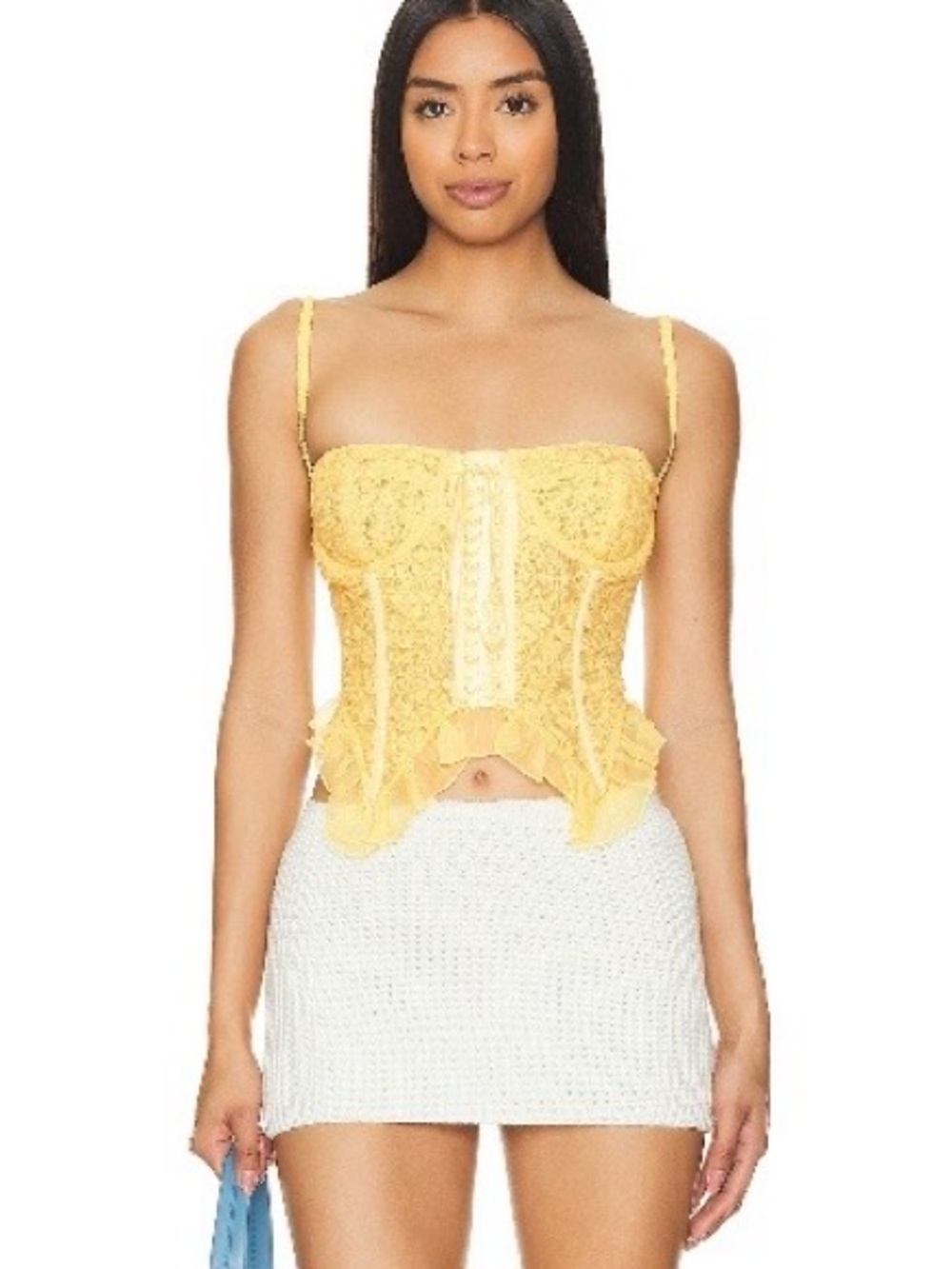 Yellow Lace, Boho, Festival Corset Top with Ruffle Hem